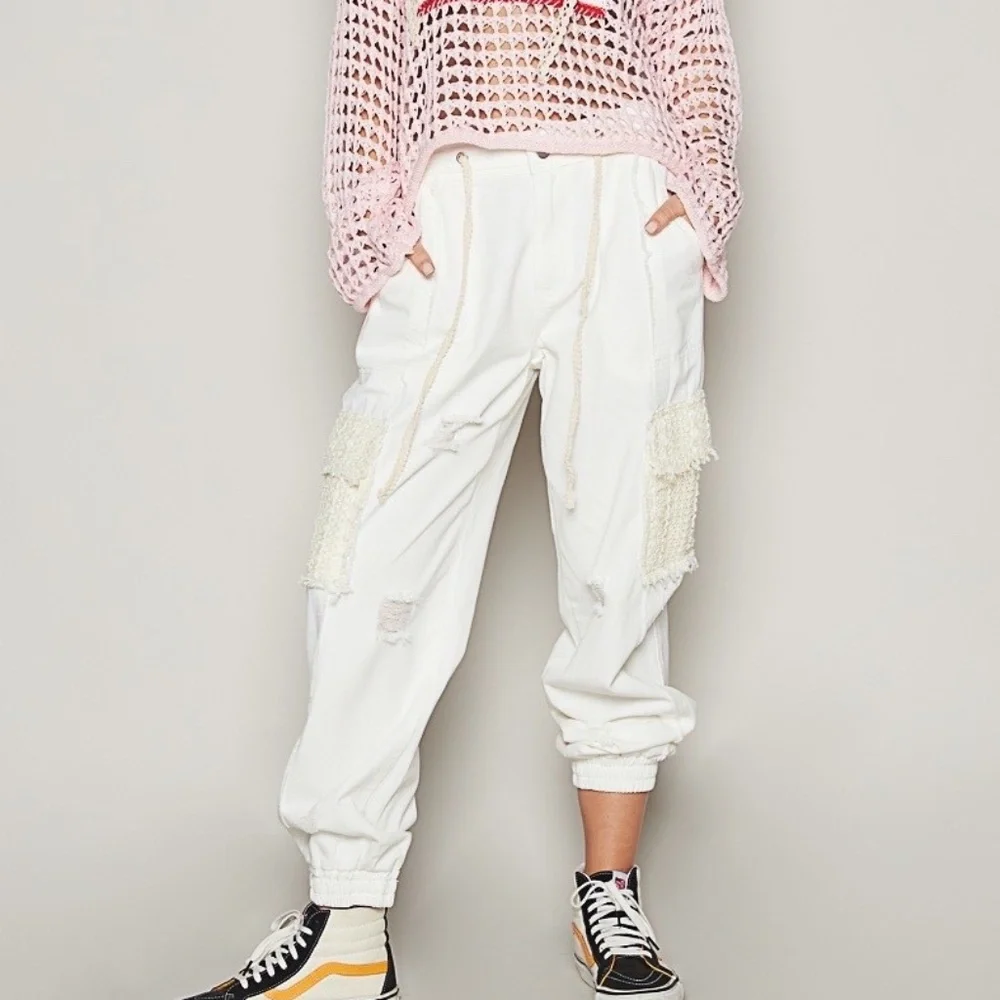 New POL Clothing Denim Lace Joggers Women's Distressed Relaxed WhiteTwill Pants - Picture 1 of 11